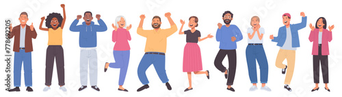 Set of people expressing emotions of joy and happiness. Happy and jubilant men and women in full growth