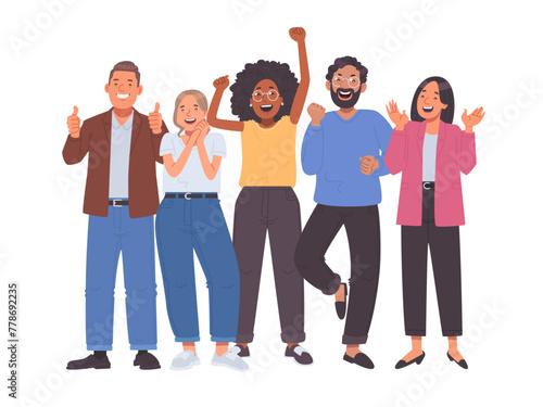 Happy business team. Joyful colleagues, men and women, celebrating a victory or rejoicing at new achievement