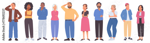 Thinking people in full growth on a white background. Puzzled or dreaming men and women, solving a problem, thinking