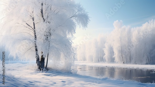 Winter landscape snow covered tree in tranquil forest frosty meadow  © MOUISITON