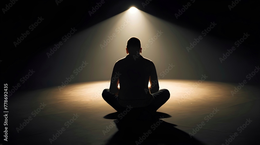 a lonely person sitting in an empty place with a light bulb shining