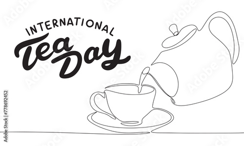 International Tea Day banner. Line art tea and teapot. Hand drawn vector art