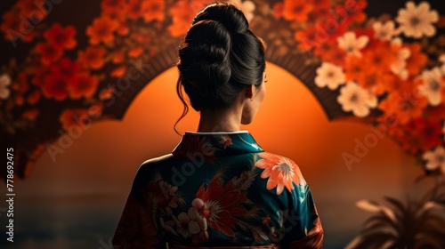 Japanese woman in national costume kimono.