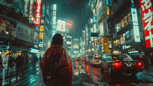 A woman wearing a raincoat walks on a street in Japan © Aand-I