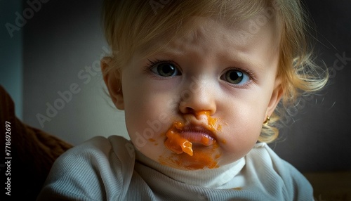 Child eats food with mouth dirty