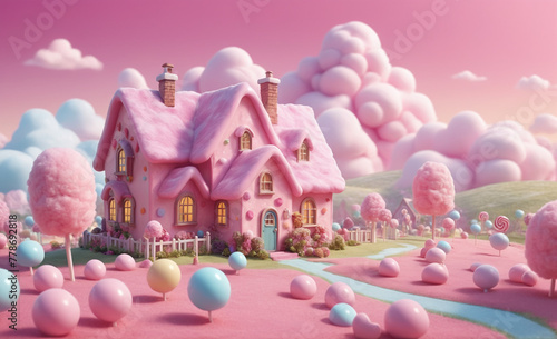 Candy fluffy land with a house in the center, with cotton candy, lollypops, pink weather, realistic, detailed , detailed