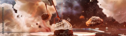 A chef in a cybernetic kitchen suit artistically drizzling chocolate over a levitating dessert, against a backdrop of digital flavor clouds, close up