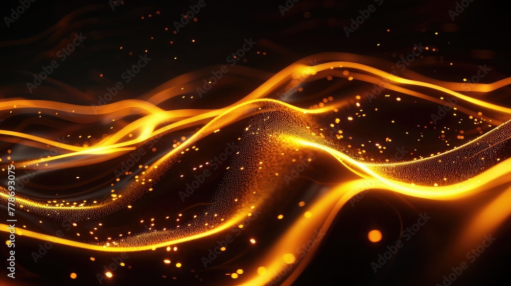 Flickering waves with light effect isolated on black background. Abstract motion. Neon glowing curves strewn with sparks in dark space