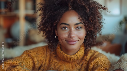 Young woman sitting on sofa at home with cup tea and looking aside with smile on face, starting day with coffee. - Generative AI © CreStock