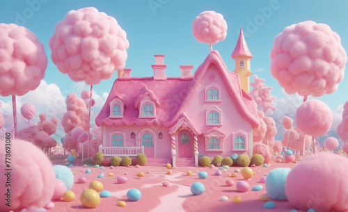 Candy fluffy land with a house in the center, with cotton candy, lollypops, pink weather, realistic, detailed , detailed