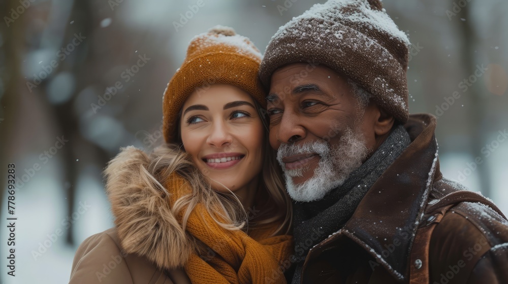 a man and a woman are posing for a picture in a snowy forest with trees and snow on the ground. a man and a woman are posing for a picture in a snowy forest with trees and snow on the ground.