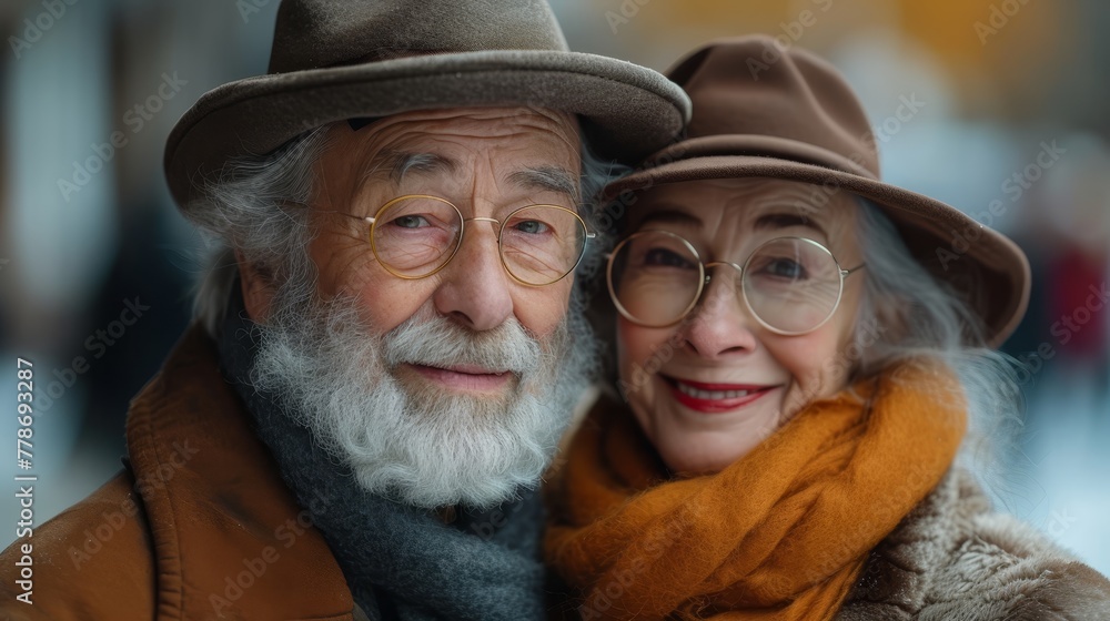 a close up of a person wearing a hat and glasses next to a person wearing a scarf and a hat. a close up of a person wearing a hat and glasses next to a person wearing a scarf and a hat.