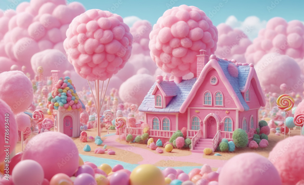 Candy fluffy land with a house in the center, with cotton candy, lollypops, pink weather, realistic, detailed , detailed