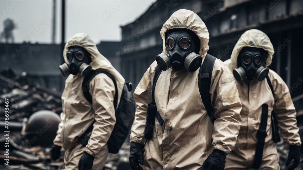 Fototapeta premium People in protective suits and gas masks against a backdrop of destroyed infrastructure