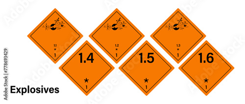 Explosives warning sign set. Transport pictograms. Globally Harmonized System of Classification and Labelling of Chemicals (GHS).
