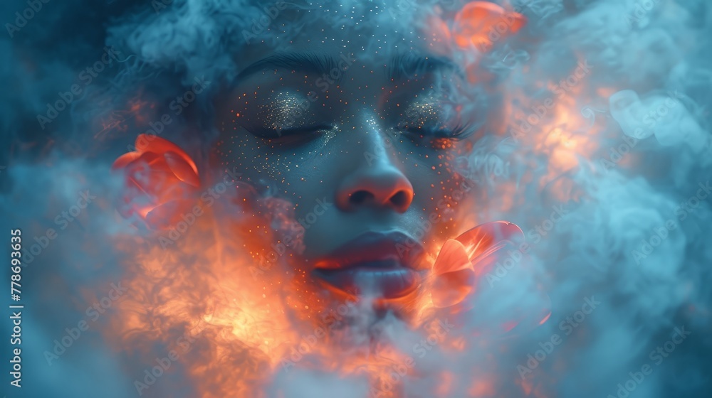 a woman with her eyes closed and her eyes closed, surrounded by clouds of smoke and balls of red and orange light.