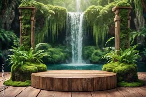 Mystical waterfall oasis with lush greenery and moss-covered wooden platform  podium product presentation backdrop