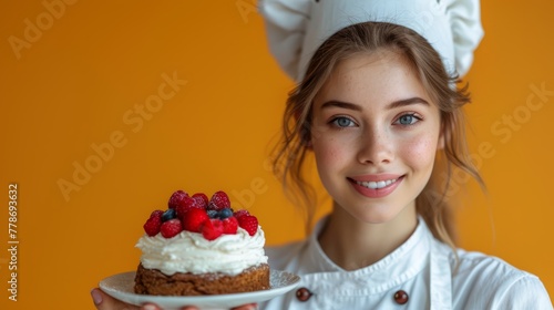 a woman in a chef's outfit holding a plate with a cake on it and strawberries on top of it.
