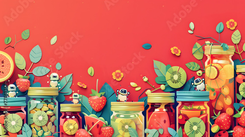 A flat vector illustration of a red background with many colorful glass jars