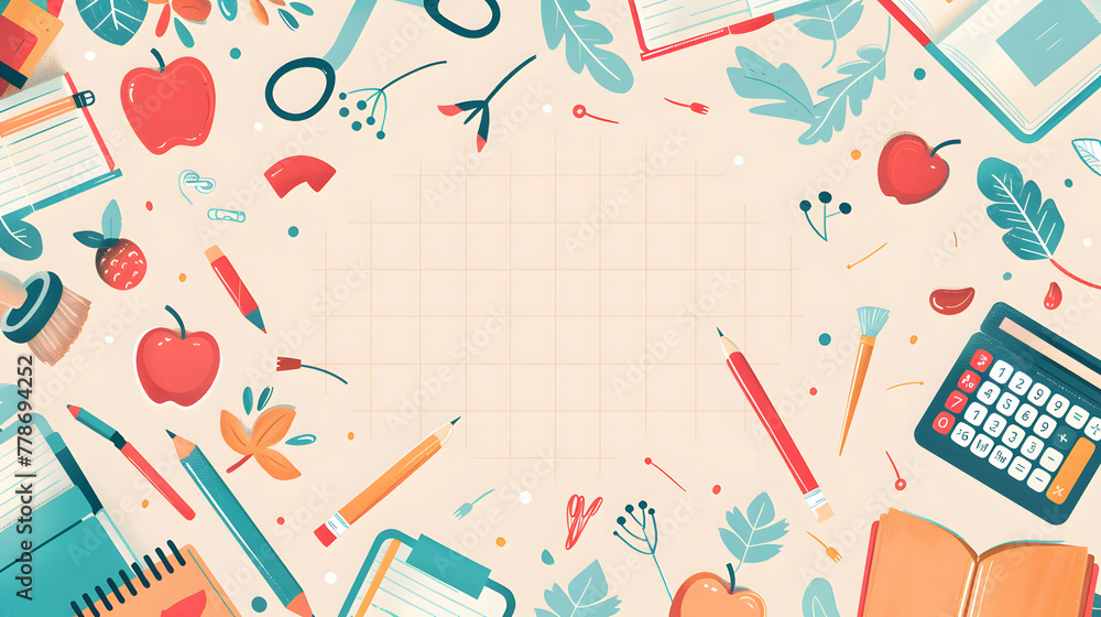 A likable flat cartoon vector layout with learning supplies, grid pattern in the core of the picture
A likable flat cartoon vector layout with learning supplies, grid pattern in the core of the picture