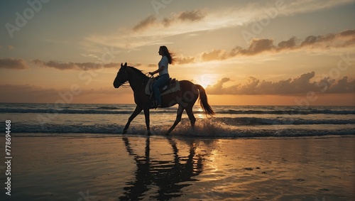 An attractive woman is horseback riding at the beach at sunset