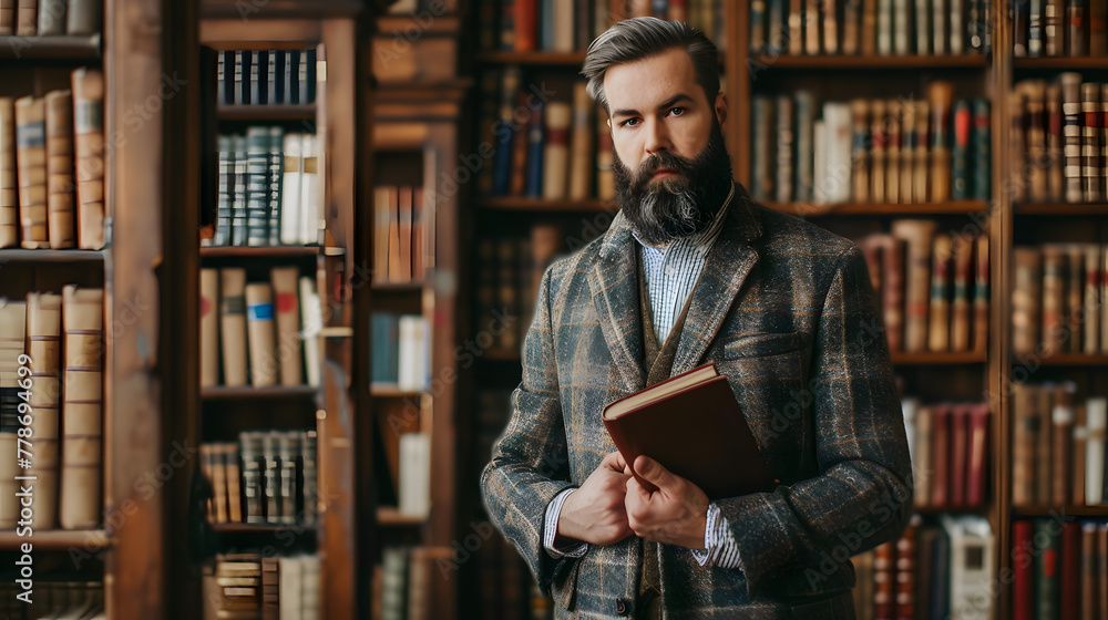 A male writer with a beard and a tweed jacket stands against a library background A male writer with a beard and a tweed jacket stands against a library background