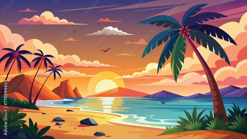 Evening on the beach with palm trees. An evening on the beach with palm trees. Colorful picture for rest. Blue palm trees at sunset. Orange sunset in the blue sky. Vector , Generative ai Evening on the beach with palm trees. An evening on the beach with palm trees. Colorful picture for rest. Blue palm trees at sunset. Orange sunset in the blue sky. Vector , Generative ai