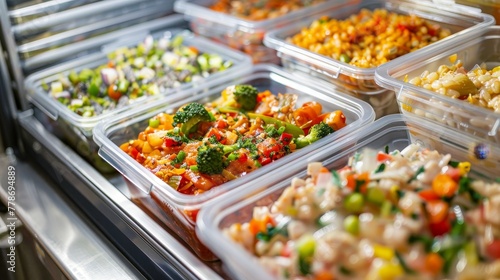 Lunch boxes with prepared food for healthy nutrition in refrigerator.
