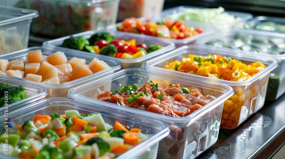 Lunch boxes with prepared food for healthy nutrition in refrigerator. Lunch boxes with prepared food for healthy nutrition in refrigerator.