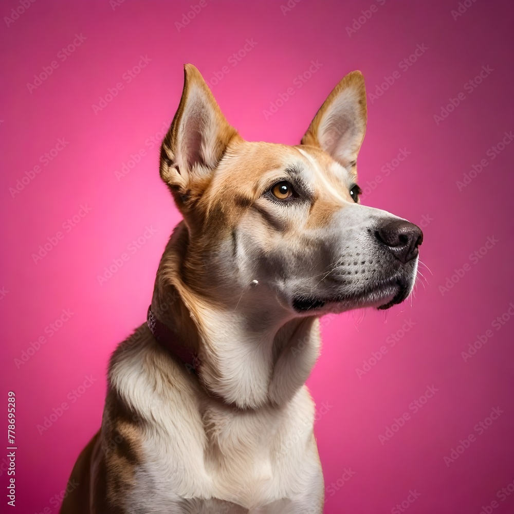 Portrait of dog looking to the side, solid pink background, professional photography, studio lighting Portrait of dog looking to the side, solid pink background, professional photography, studio lighting