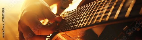 Close shot of hand playing major chord, vintage guitar, golden hour lighting, crisp detail