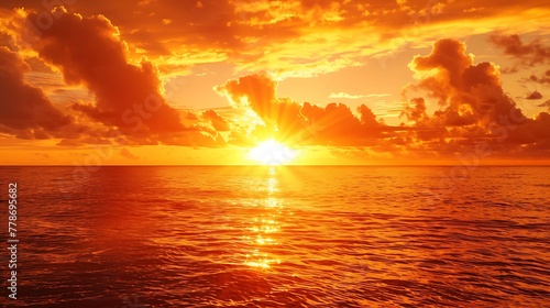 A fiery orange sunrise over a calm ocean, casting a golden glow on the water
