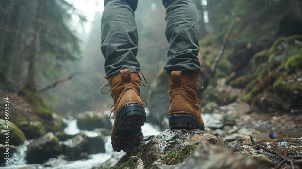 Male hiker in mountain, traveler boots walking in forest, Adventures in nature Male hiker in mountain, traveler boots walking in forest, Adventures in nature
