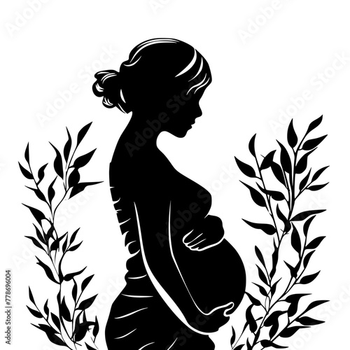 Elegant Pregnant Woman Silhouette with Long Hair , A striking silhouette of a side-profile pregnant woman, embodying calm and anticipation.
