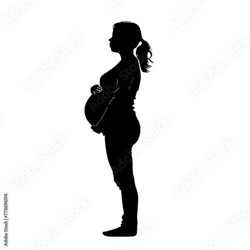 Elegant Pregnant Woman Silhouette with Long Hair , A striking silhouette of a side-profile pregnant woman, embodying calm and anticipation.
