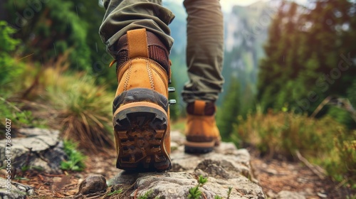 Male hiker in mountain, traveler boots walking in forest, Adventures in nature
