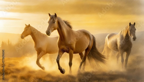 the subject is modern painting abstract metal elements texture background animals horses