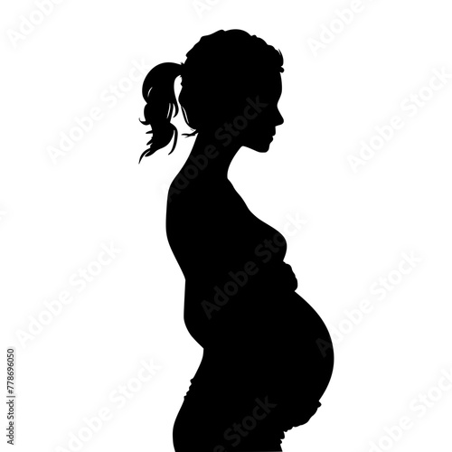 Elegant Pregnant Woman Silhouette with Long Hair , A striking silhouette of a side-profile pregnant woman, embodying calm and anticipation. 