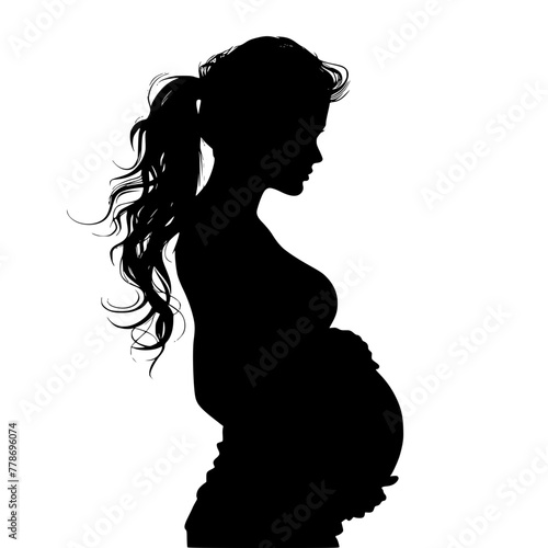 Elegant Pregnant Woman Silhouette with Long Hair , A striking silhouette of a side-profile pregnant woman, embodying calm and anticipation.
