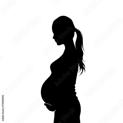 Elegant Pregnant Woman Silhouette with Long Hair , A striking silhouette of a side-profile pregnant woman, embodying calm and anticipation. 