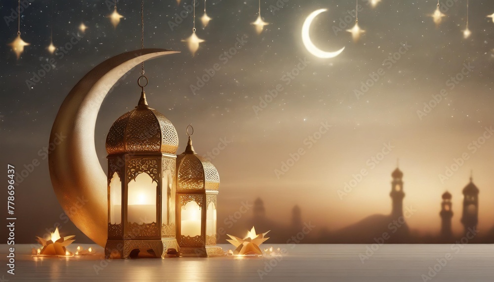 Obraz premium beautiful ramadan kareem background with golden crescent moon stars and lanterns for eid mubarak celebration and greeting card