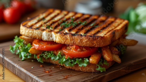 a grilled sandwich with tomatoes, lettuce, and french fries on a cutting board on a table.