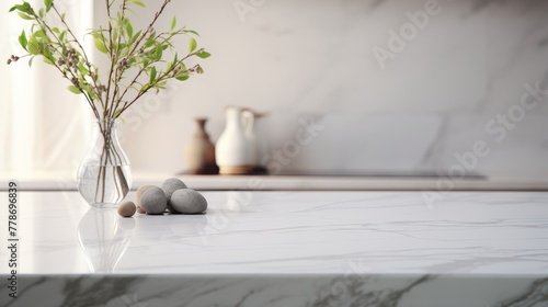 Marble stone empty table top of kitchen island 