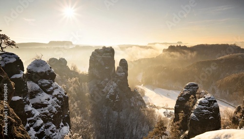 bastei panorama at sunrise in winter saxon switzerland sachsische schweiz saxony germany photo