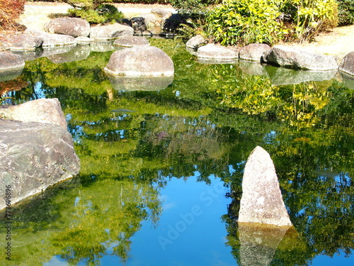 冬の青空を映す日本庭園の池風景