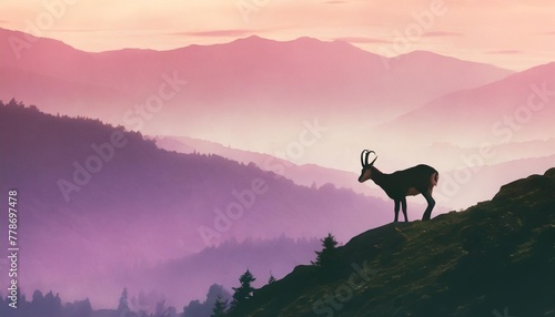 horizontal banner a chamois stands on top of hill with mountains and forest in background silhouette with pink and violet background illustration magic misty landscape photo