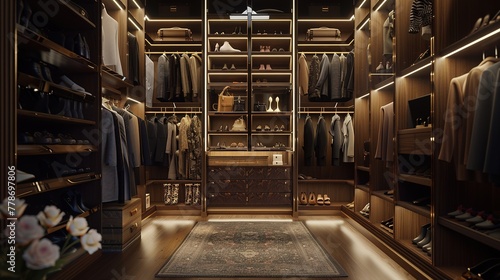 a UHD capture of a women's walk-in closet featuring a wall-mounted shoe rack, artfully displaying a curated collection of stylish footwear photo