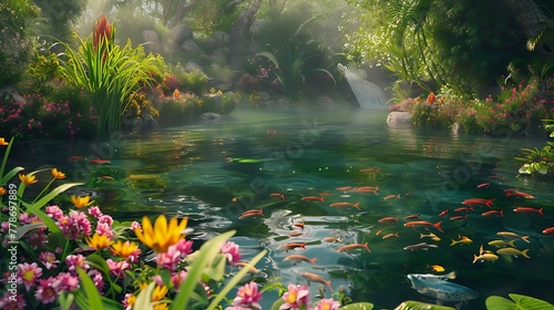 A tranquil pond surrounded by lush greenery and colorful flowers