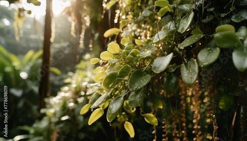 green succulent leaves hanging vines ivy bush climbing epiphytic plant dischidia sp after rain in tropical rainforest garden