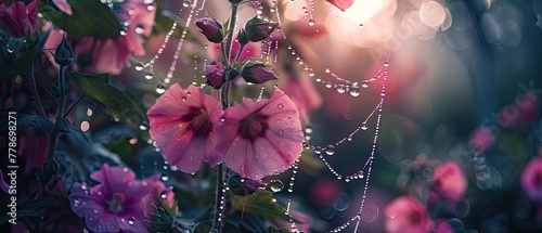 The droplets of a misty morning clinging to the spiderwebs between hollyhocks
